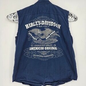 Vintage Harley Davidson Sleeveless Shirt Mens XL Button Up Biker Blue Cut Off